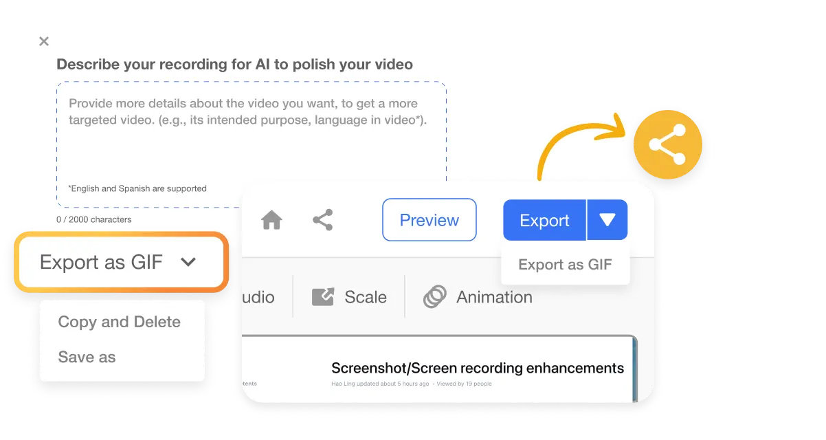 Web page section titled 'Distribute with Ease', explaining that easily share your visual guide with a link or export as a GIF.